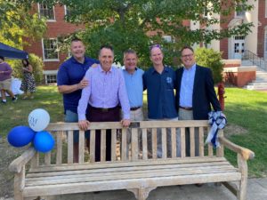 Class of 1993 alums and friends of Coby Frye, who helped fund the bench. From left to right: Patrick Fines, Warren Fischi, John Cheatham, Keith Park and John Anstey. Photo courtesy of John Anstey.