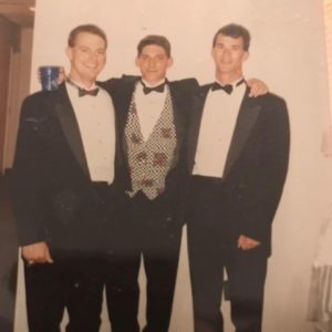 From left to right: John Anstey, Coby Frye and Keith Park inside Jefferson Hall before a senior formal in 1993. Photo courtesy of John Anstey.