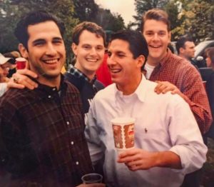 From left to right: 1993 alums Warren Fischi, John Anstey, Coby Frye and Patrick Fines return to Mary Washington for Reunion Weekend in fall of 1993. Photo courtesy of John Anstey.