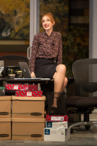 At Mary Washington, Alicia designed costumes for Leslye Headland's workplace satire, 'Assistance.' In the photo: Madeleine Dilley ’17. Photo by Geoff Greene.