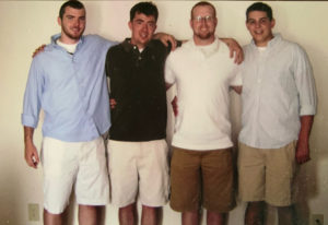 From left: 2010 graduates Jake Kelly, Jonathan Wigginton, Jeremy Wood, and Phil Smith in their UMW college apartment. When Phil took his life in 2020, his friends worked with Mary Washington to establish the Phil Smith '10 Talley Center Endowment to provide more mental health and suicide prevention resources to UMW students. 