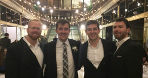 From left: Jeremy, Jonathan, Phil, and Jake at Jonathan's wedding. Phil's friends emphasized to UMW freshmen during their presentation the importance of checking in on loved ones and being aware of one's own mental health. 