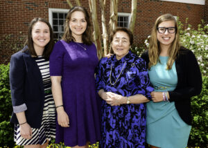 Irene Piscopo Rodgers poses in 2017 with Mary Washington students Kelly McDaniel, Mary Hopkin, and Emily Ferguson. The young women represent just a few of the many students who have benefitted through the years from Rodgers’ generosity to her alma mater. Her final gift of $30 million – the largest ever received by the University – will be ‘transformational’ to UMW’s undergraduate research program, providing students with invaluable hands-on learning opportunities for decades to come.