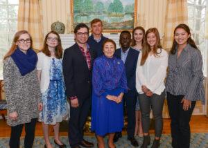 Irene poses in 2018 with a group of Mary Washington scholarship recipients who benefitted from her generosity. To date, 85 students have earned awards thanks to funding she provided.