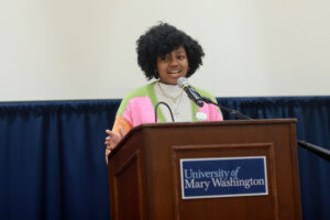 Sophomore Kaylah Lightfoot, recipient of the Balfour Scholarship for Leadership, served as emcee of the 2023 Donor Appreciation Luncheon. Photo by Karen Pearlman Photography.