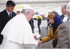 Jerri meeting Pope Francis several years ago in Rome, which she says was one of the highlights of her life.