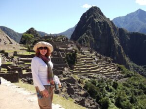 Sally took advantage of a a Peru extension on the Mary Washington Alumni on the Road trip to the Galápagos Islands. Here, she stands in front of Machu Picchu. Photo courtesy of Sally Brannan Hurt.