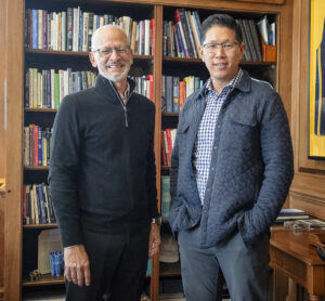 UMW President Troy Paino with Jin Wong '97 during the Mary Washington graduate's recent visit to his alma mater. Photo by Tom Rothenberg.
