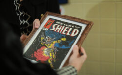 One of Duke Stableford's embroidered creations inspired by Stan Lee's comic book covers. Stableford, a 1981 alum who passed away in January, created 30 needlepoints of Marvel Comics covers on display in George Washington Hall before the Great Lives lecture on Stan Lee on Thursday. Photo by Karen Pearlman.