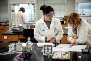 Professor of Chemistry and chair of the Department of Chemistry and Physics Janet Asper (right) works with chemistry major Dorothy Haas '23 in Experimental Methods, a course that has students separating and identifying the molecules within a mixture. Through the years, Irene's generous gifts to her alma mater have bolstered students' pursuit of science.