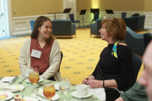 Senior Jessica Oberlies, recipient of the John C. and Jerri Barden Perkins '61 CAS Student Research Endowment, chats with her donor, Dr. Jerri Barden Perkins '61. Photo by Karen Pearlman.