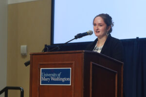 Senior Sofia Taylor, who received the full-ride Justin and Helen Piscopo Alvey Scholarship to attend UMW, served as emcee for the luncheon. Photo by Karen Pearlman.