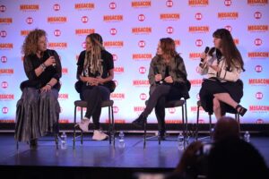 Maggie Lovitt (far right) on a panel with sci-fi actresses (from left) Alexa Kingston, Michelle Hurd, and Felicia Day. Photo credit: FanExpo.