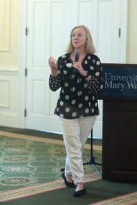 JB Blair '82, immediate past president of the Alumni Association Board of Directors, led the committee that evaluated proposals for Fund for Mary Washington Impact Grants. A former student deejay with WMWC, she also helped fulfill Davy Washington's request for funds to restore the radio station to its former glory. Photo by Karen Pearlman.