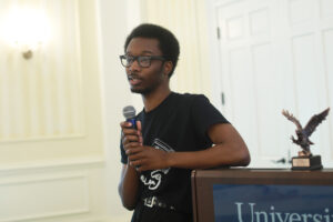 Rising senior Davy Washington shared a proposal entitled "Rebuilding WMWC," which earned a Fund for Mary Washington Impact Grant to help purchase new equipment for the now online campus radio station. Photo by Karen Pearlman.