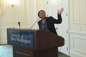 Senior Martina Pugh pitched a proposal, "Preventing Period Poverty." The impact grant she received will help purchase four "Aunt Flow" machines to distribute free menstrual products in bathrooms on campus. Photo by Karen Pearlman.