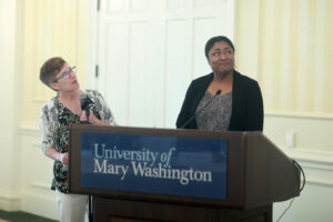 Professor of Sociology Leslie Martin and Dee Chasten, a Simpson Library staff member and current BLS student, pitched a proposal for the Gwen Hale Resource Center, a food pantry in Lee Hall. The impact grant they received will go toward purchasing food to help alleviate hunger among food insecure students. Photo by Karen Pearlman.