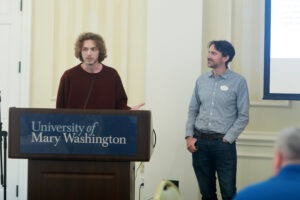 Senior Steve McClanahan (left) talks about the impact that the Digital Knowledge Center and its director, Cartland Berge (right), had on his UMW experience. The pair earned an impact grant to upgrade the Charnoff Production Studio in the Hurley Convergence Center. Photo by Karen Pearlman.