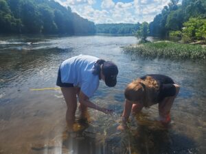 Morgan Hicok '25 (left) and Kate Green '25 collect specimens of freshwater snails in the Rappahanock River at Motts Run Reservoir. Photo courtesy of Kate Green.