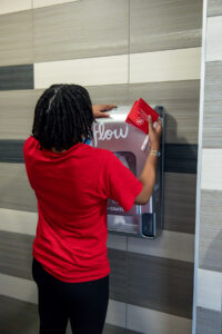 The Aunt Flow machines can be found in the Cedric Rucker University Center, the Eagle's Nest, the Hurley Convergence Center and the UMW Fitness Center. Martina will continue stocking menstrual supplies in baskets in other public bathrooms across campus. Photo by Sam Cahill.