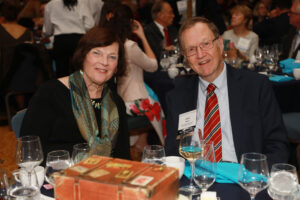 Janet Hedrick '73, who has gone on several Mary Washington Alumni on the Road trips to destinations across the globe, enjoys dinner with University Librarian Emeritus Jack Bales. Photo by Karen Pearlman.