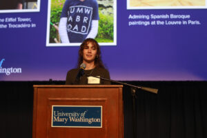 Hayley Madden '25 was among the student speakers who shared their stories at the 2024 Celebration of Giving. An art history major, Hayley studied abroad in England and France and now serves as a peer advisor in UMW's Center for International Education. Photo by Karen Pearlman.