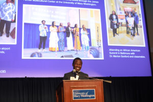 Aloysious Kabonge '26 regaled the audience with stories about the cultural differences and social norms he has observed between his homeland of Uganda and the United States. Photo by Karen Pearlman.