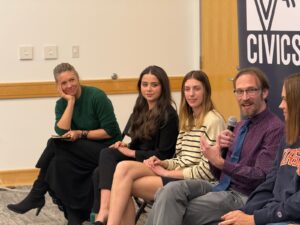 Sam (with microphone) and several of his students participated in a panel discussion prior to the screening of 'Citizen Nation,' a documentary about the We the People competition that aired on PBS last fall. Photo courtesy of Sam Ulmschneider.