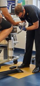 "I wanted to be at a small school like Mary Washington, engaging in hands-on research with my students,” Christy said. “I hope I can make as much of an impact on them as my professors did on me." Here, one of her students pricks an athlete's finger so a blood lactate level can be obtained to indicate how hard the body is working during exercise. Photo courtesy of Christy Copper.