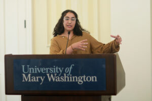 Junior environmental science major Amira Said pitched one of the nine projects that earned a Fund for Mary Washington Impact Grant this spring. With the funding she received, she plans to implement an experiential learning program to teach UMW students about the importance of composting while preventing hundreds of pounds of food waste from going to landfills each week. Photo by Karen Pearlman.