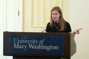 Junior Callie Harkins, editor of UMW's student newspaper, The Weekly Ringer, earned a Fund for Mary Washington Impact Grant to secure membership in the Virginia Press Association and begin printing the paper in color. Photo by Karen Pearlman.