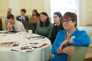 From right: Alumni Board Immediate Past President Vicky Sprague Ravenel '77, Alumni Board member Katherine Redmiles '15, Alumni Board President-Elect Charmayne Staloff '05, and Alumni Board member Matthew Baker '11 listen to presentations in April. Photo by Karen Pearlman.