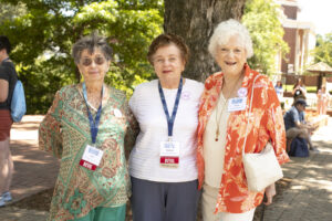 From left: 1959 alumnae Edna Gooch Trudeau, Ann Brooks Coutsoubinas, and Dodie Reeder Hruby, who are also members of the 1908 Society, celebrate their 65th reunion with a class photo in 2024. Photo by Karen Pearlman.