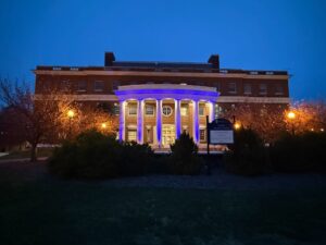 The Jepson Science Center was illuminated in Mary Wash blue on the evening of April 2.