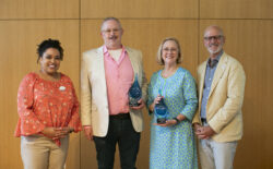 The University of Mary Washington's Alumni Association Board of Directors held its annual Alumni Awards ceremony during Reunion Weekend 2025, honoring Rob Eastman-Mullins '00 and Jenifer 'JB' Blair '82, as well as Shirley Martey Hargis '14 (not pictured). Here, they pose for a photo with Alumni Awards Vice President Lisa Maloney Keyser '05 and UMW President Troy Paino. Photo by Karen Pearlman.