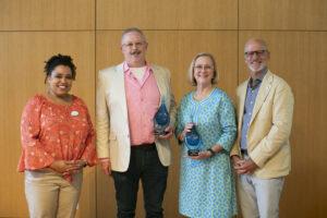 The University of Mary Washington's Alumni Association Board of Directors held its annual Alumni Awards ceremony during Reunion Weekend 2025, honoring Rob Eastman-Mullins '00 and Jenifer 'JB' Blair '82, as well as Shirley Martey Hargis '14 (not pictured). Here, they pose for a photo with Alumni Awards Vice President Lisa Maloney Keyser '05 and UMW President Troy Paino. Photo by Karen Pearlman.