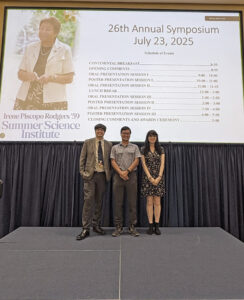 Joey Gasink '26 (left) and Summer Orledge '26 (right) with their faculty mentor, Associate Professor of Environmental Science Tyler Frankel (center). Gasink and Orledge placed first and second in the poster presentation category at the Irene Piscopo Rodgers '59 Summer Science Institute symposium, which earned them funding through the John C. and Jerri Barden Perkins '61 College of Arts and Sciences Student Research Endowment. Photo courtesy of Betsy Lewis/College of Arts and Sciences.