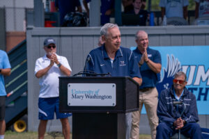Visibly moved during the ceremony, Coach Gordon thanked his family and friends, former colleagues, Mary Washington alumni, administrators, UMW Athletics staff, and Mary Washington donors who contributed gifts and pledges toward the field renovations and facilities upgrades. Photo by Kaitlynn Kimball.