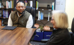Dr. Sims listens to Betty Talley, who shared that there were limited-to-no resources for mental health when she was a student at Mary Washington in the late 1960s. Photo by K Pearlman Photography.