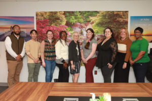 Betty Talley '68 (center), who made the generous gift to name the Talley Center over a decade ago, along with Talley Center staff. From left: Chad Sims, Jimmy Nguyen, Rebekah Michael, Glorya Askew, Betty Talley, Krysta Thomas, Melissa Palguta, Debbie Huff, and Demi Thompson. Photo by K Pearlman Photography.