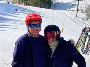 Jan skiing with Dr. Jerri Barden Perkins '61 in Sun Valley, Utah. He helped Dr. Perkins, who received a chemistry degree from Mary Washington before earning a medical degree, and went on to conduct trailblazing research on rheumatoid arthritis among other accomplishments, establish six scholarships and fellowships to support UMW students during his years in the Office of Advancement and Alumni Engagement.