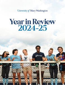 Cover of the 2024-25 Year in Review, with six student-athletes standing in the bleachers.