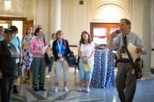 Alumni tour Farmer Hall (formerly Trinkle) with Reference and Humanities Librarian Emeritus Jack Bales.