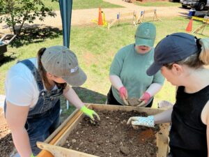 Three people in baseball caps and wearing gloves dig carefully through dirt.