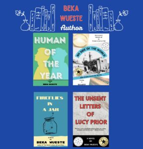 Four book covers on a blue background with a drawing of books and vases on a shelf with Beka Wueste, author as the text. 
